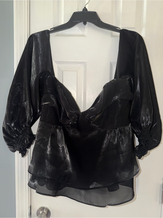 Tops - Black Satin Puff-Sleeve Women's Top